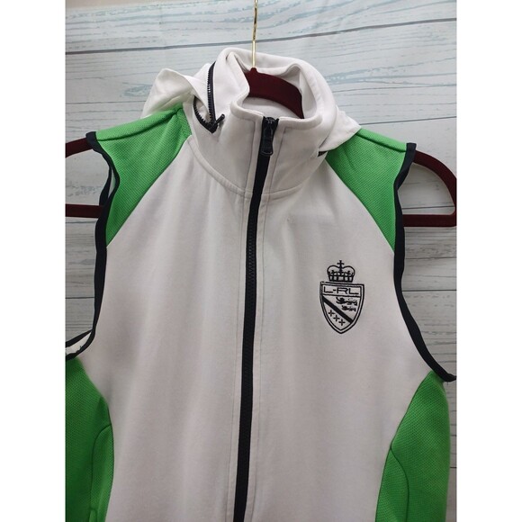 LRL Lauren Active Vest Womens Green White Zip Pockets Hood Fold/Hide In Collar M - Picture 3 of 7